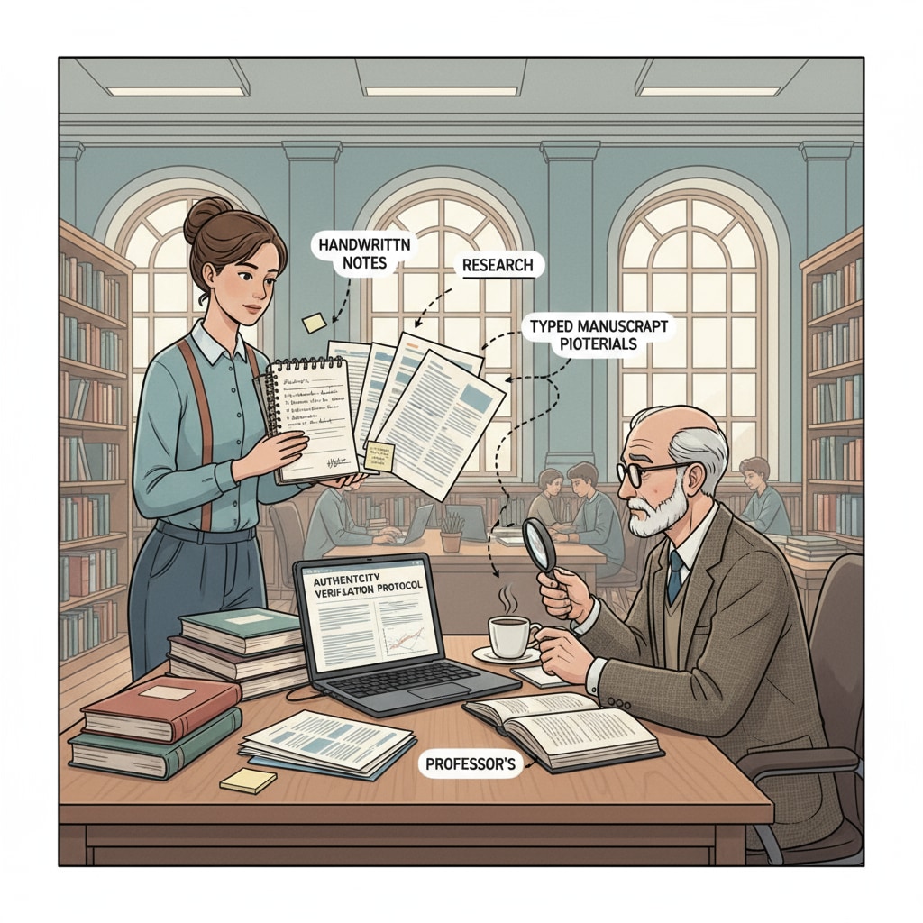 A student showing their handwritten notes and research materials to prove the authenticity of their paper Student presenting handwritten notes and research materials for paper authenticity