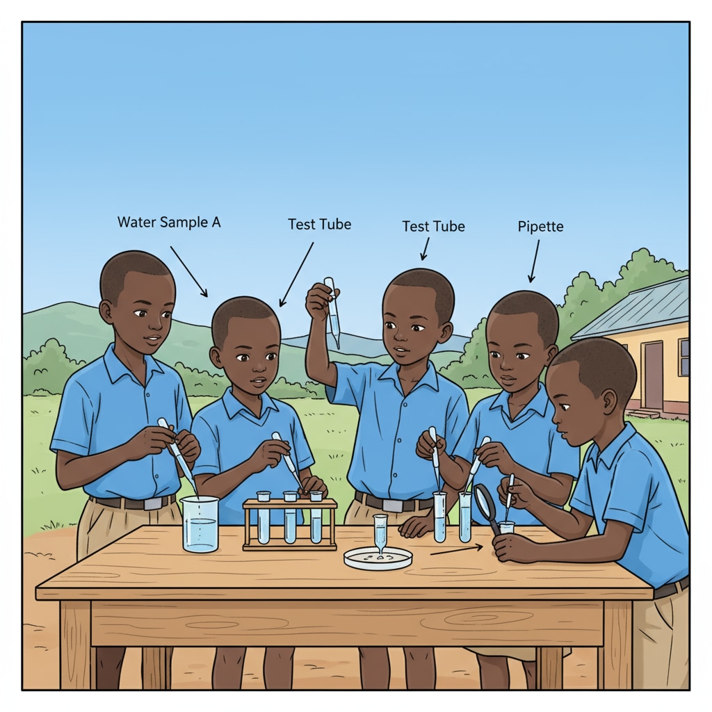 A group of Rwandan children are carefully examining water samples using simple tools like test tubes and pipettes, showing curiosity and engagement in scientific exploration. Rwandan low-income children exploring water samples in a STEM project related to water resources