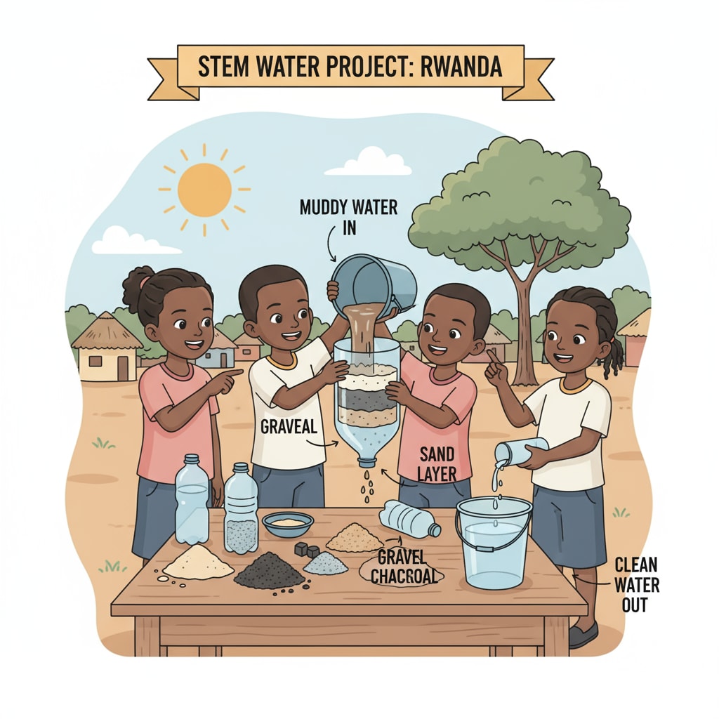 Rwandan children are actively constructing a water filtration system using materials like sand, gravel, and plastic bottles, demonstrating hands-on learning in a STEM water project. Low-income Rwandan children building a water filtration system as part of a STEM water-related activity