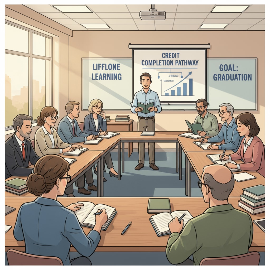 A group of adult learners are sitting in a classroom, listening attentively to the teacher, showing their dedication to learning and credit completion. Adult learners in a classroom for credit completion in adult education