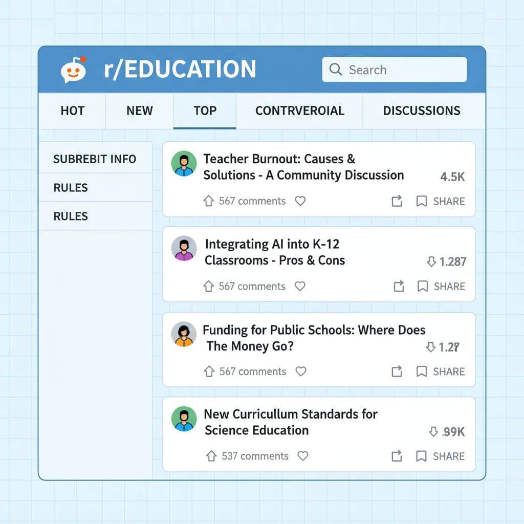 A screenshot of the r/Education main page with various posts and discussions related to education. r/Education main page showing community rules, educational subreddits, and posting guidelines in action.