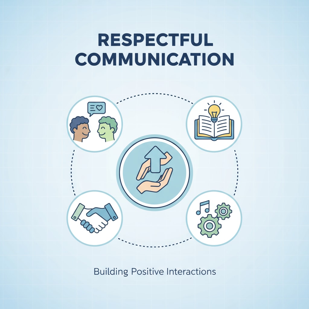 A graphic with icons representing respectful communication, like people smiling and talking in a friendly way. Graphic highlighting the importance of respectful communication in an online educational community.