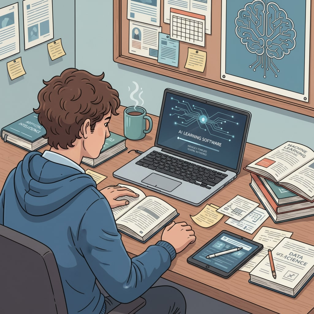 A student is sitting at a desk, using a laptop with AI learning software open, books and notes spread around. Student using AI tools to study for exams