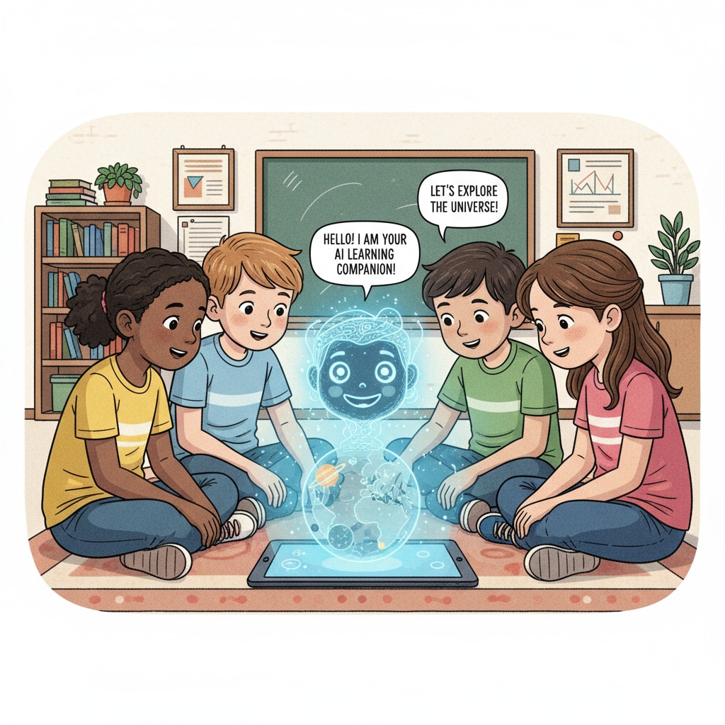 A group of children are gathered around a tablet, intently looking at an AI-generated avatar displayed on the screen. The avatar has a friendly appearance, with big eyes and a smile. Children looking at an AI avatar on a tablet, highlighting children's AI use and parents' concerns about AI avatars.