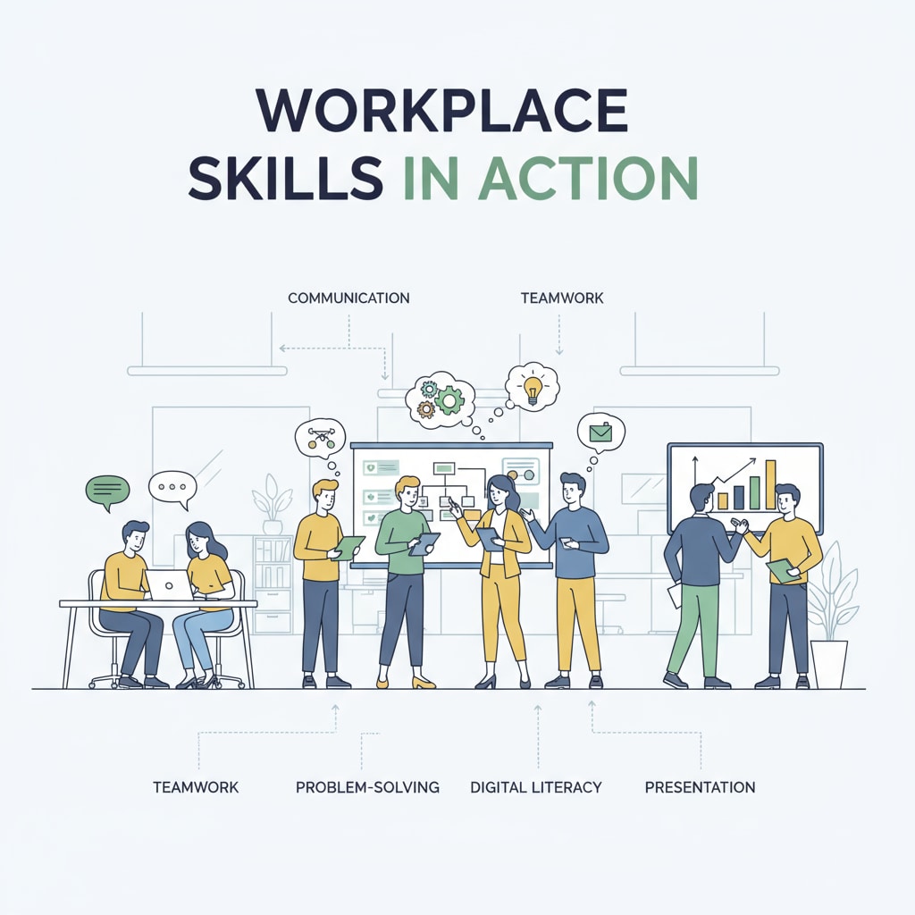 A group of employees collaborating in an office, showing workplace skills Employees collaborating to demonstrate workplace skills relevant to grades, employment, and students