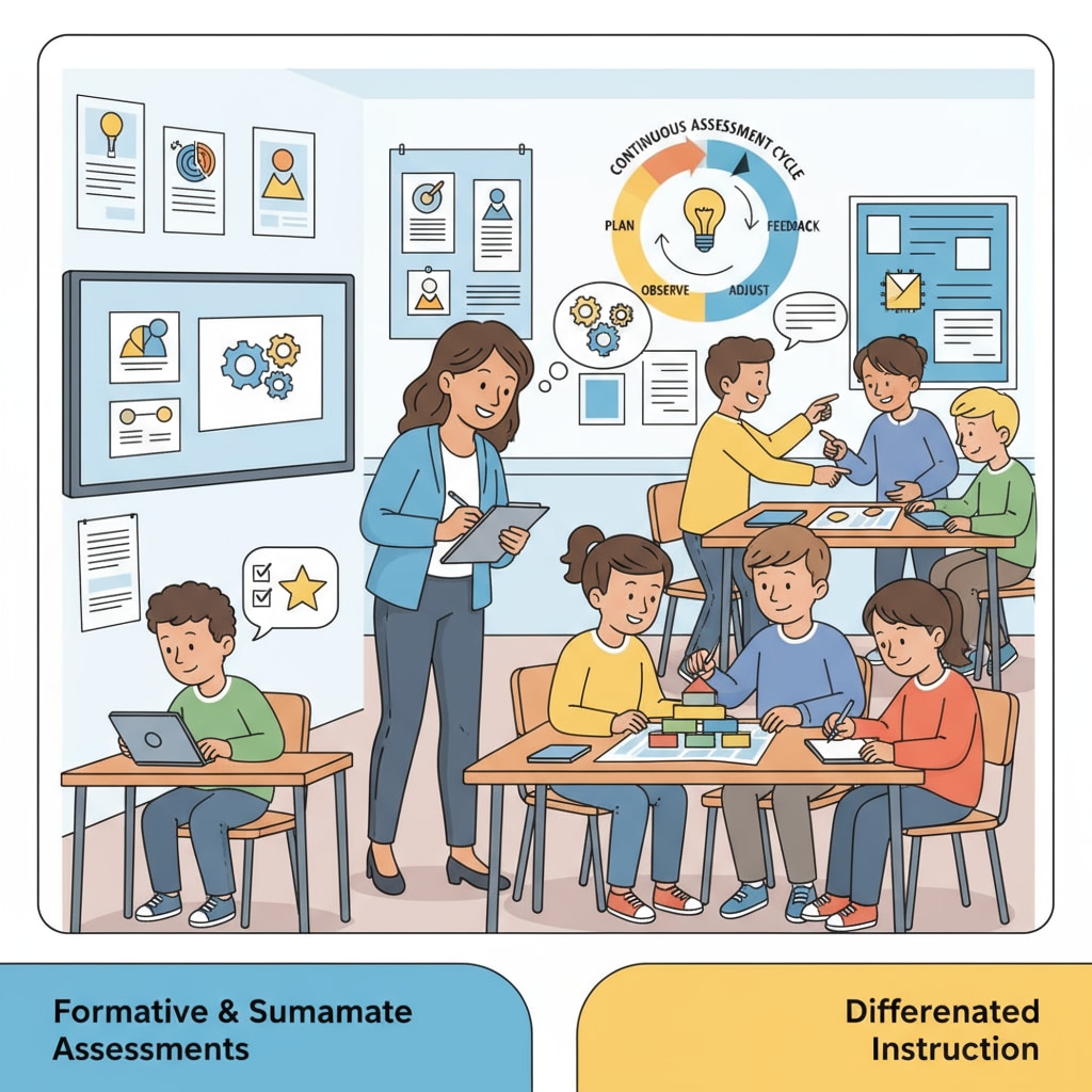 A classroom scene shows students actively involved in various learning activities. The teacher is walking around, observing and making notes for assessment purposes. This represents the diverse and continuous assessment process in a real classroom setting. Classroom scene for educational assessment, student ability measurement, and evaluation strategies
