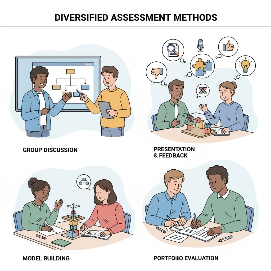 A group of students are collaborating on a project. They are discussing ideas, making presentations, and evaluating each other's work. This visualizes the concept of diversified assessment methods in an educational environment. Group project for educational assessment, student ability measurement, and evaluation strategies