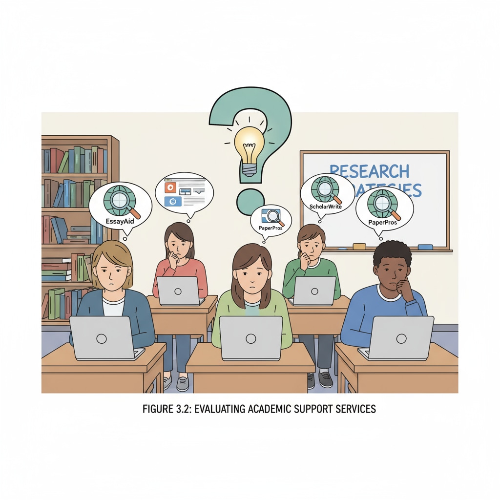 This image depicts students sitting at desks, looking at their laptops and researching different academic writing services. It shows the students' inquisitive expressions as they try to find a reliable service. Students researching academic writing services with a focus on LawEssayPros' legitimacy and security