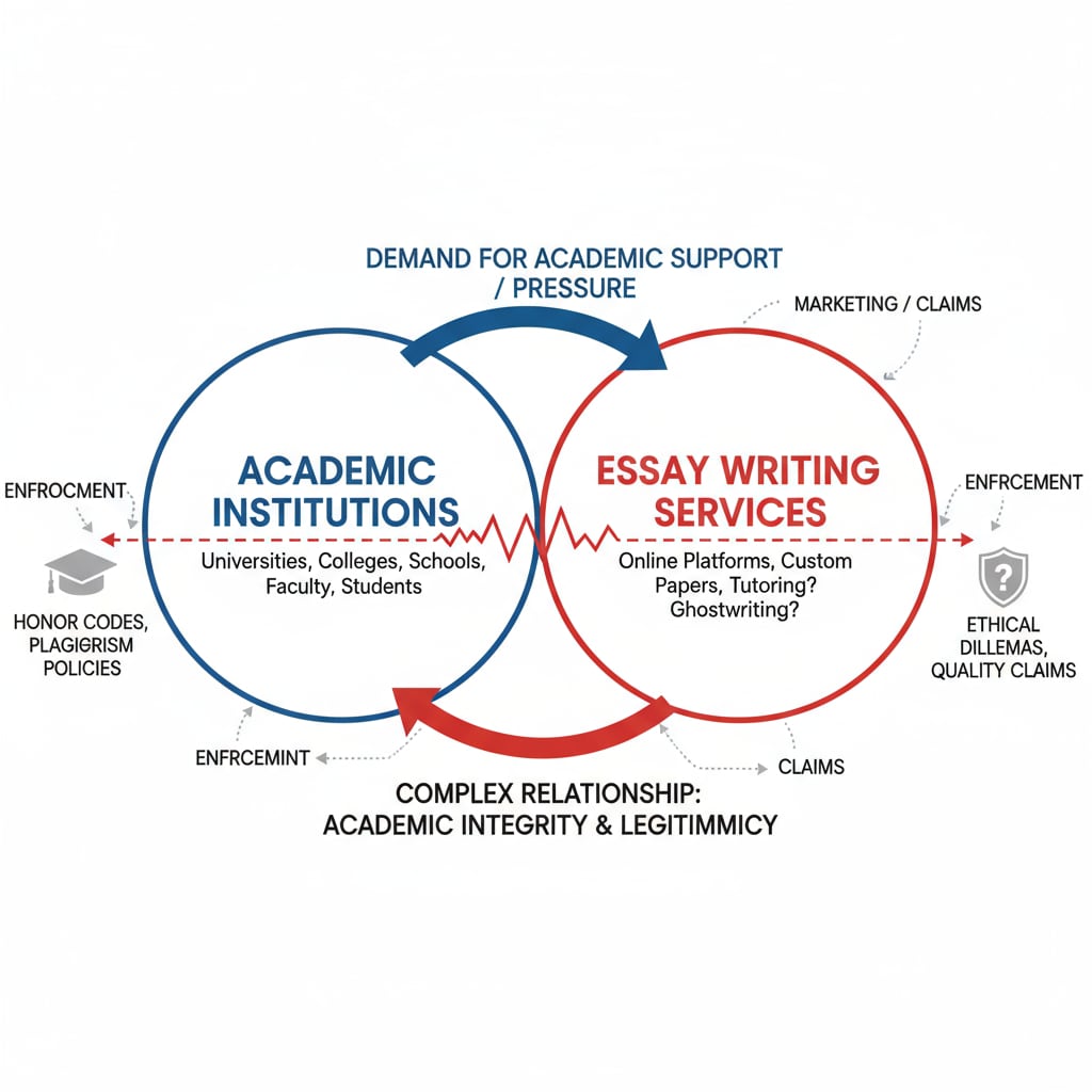 A diagram that shows two circles - one representing academic institutions and the other representing essay writing services. Arrows between them indicate the complex relationship, especially in terms of academic integrity and the legitimacy of the services. Diagram showing the relationship between academic institutions and essay writing services related to LawEssayPros' legitimacy