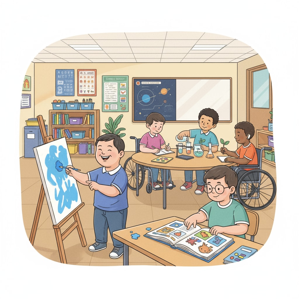 A group of special education students are seen participating in different learning activities such as painting, reading, and hands - on science experiments, showing their active engagement in education. Special education students engaged in various learning activities promoting autonomous choice and equal treatment