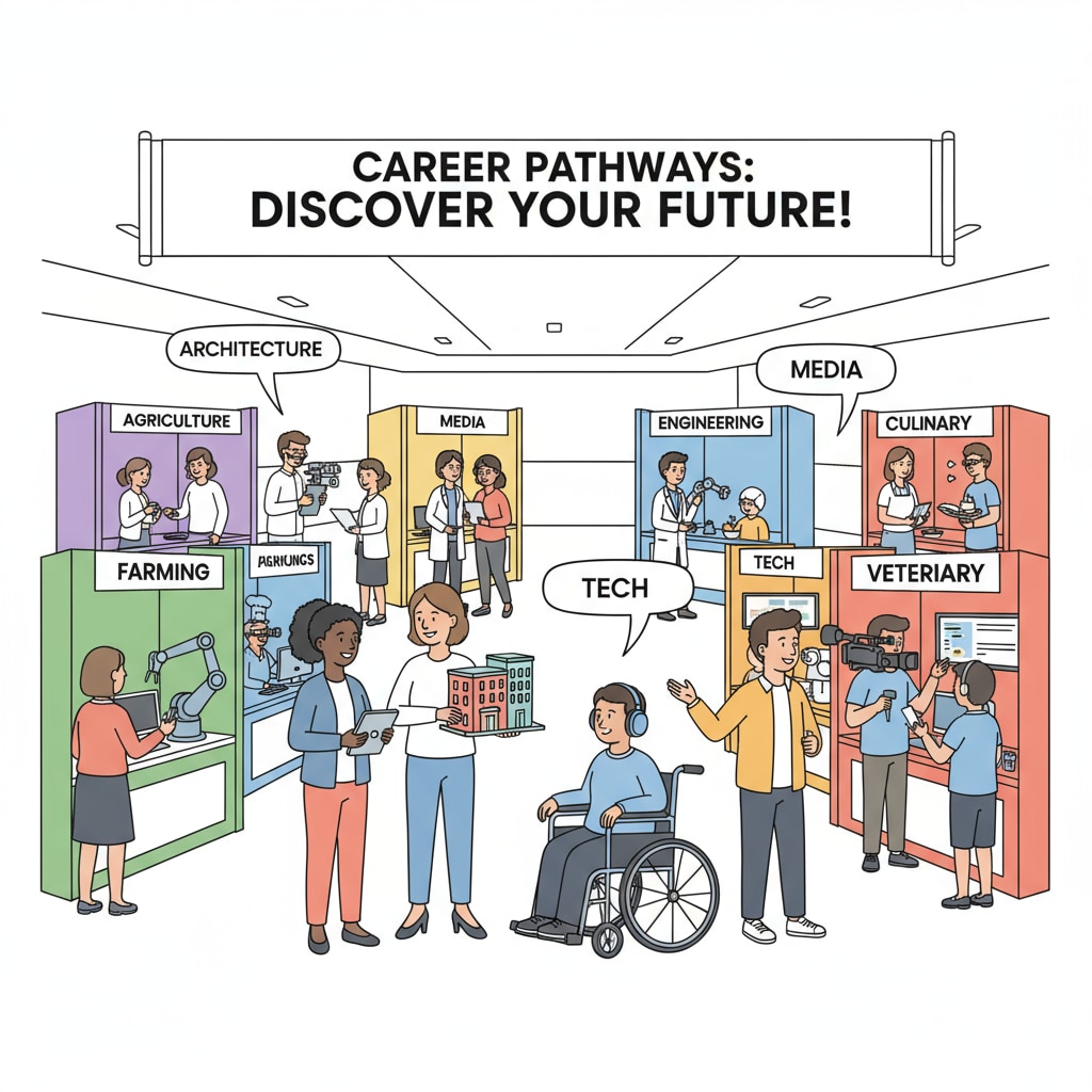 Special education students are involved in a career exploration event where they are interacting with professionals from different fields, learning about various career options. Special education students exploring career options as part of equal treatment and autonomous choice in education