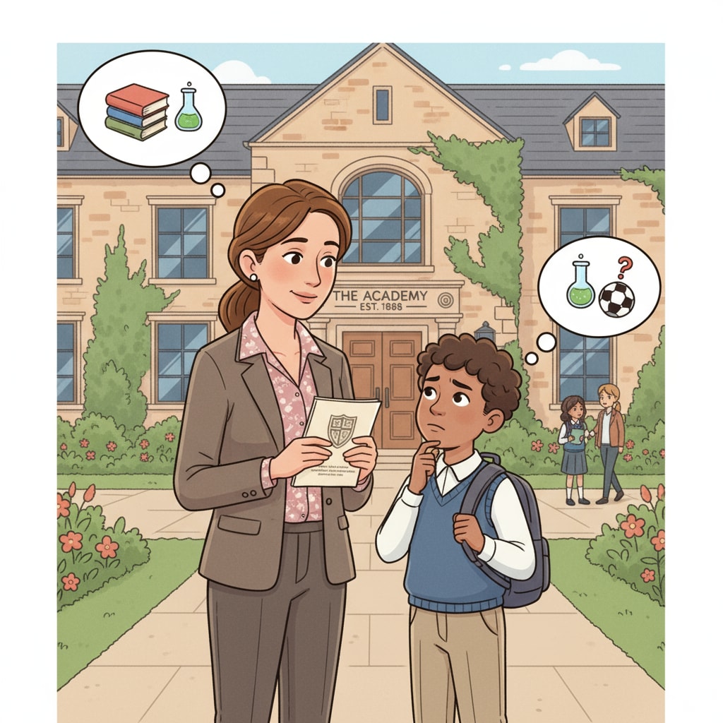 A parent and child are engaged in a conversation while standing in front of a private school building, with a thoughtful expression on their faces, considering school options. A parent and child discussing private school choices near a school building, related to private schools, commute time, and school choice.