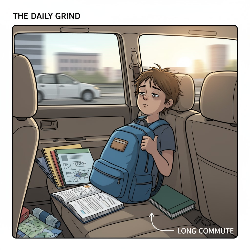A child is sitting in the backseat of a car, looking weary during a long commute to school, with books and a backpack beside them. A tired child during a long commute to private school, relevant to private schools, commute time, and school choice.