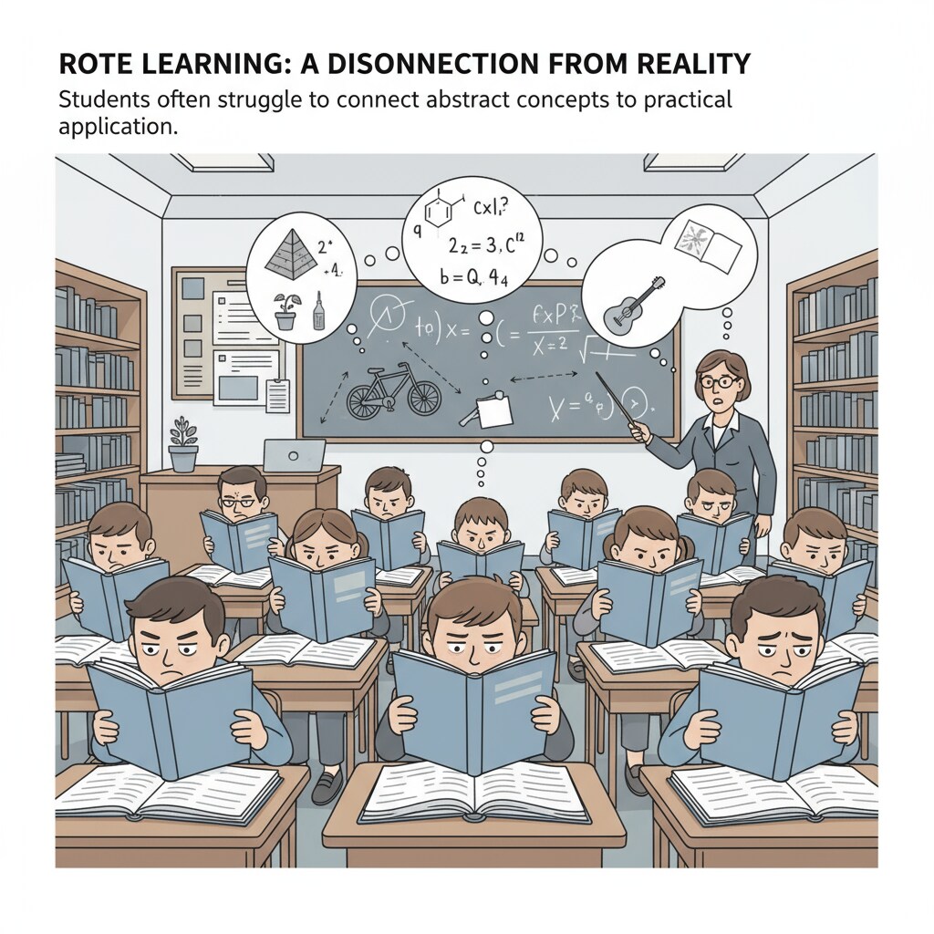 A classroom scene where students are busy memorizing textbooks without much connection to real life A classroom scene highlighting the disconnection between school education, practicality, and learning content
