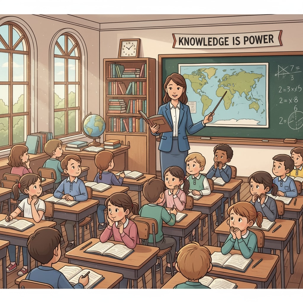 A teacher lecturing while students passively listen, showing the traditional teaching method A scene depicting the traditional teaching method that contributes to the disconnection in school education, practicality, and learning content