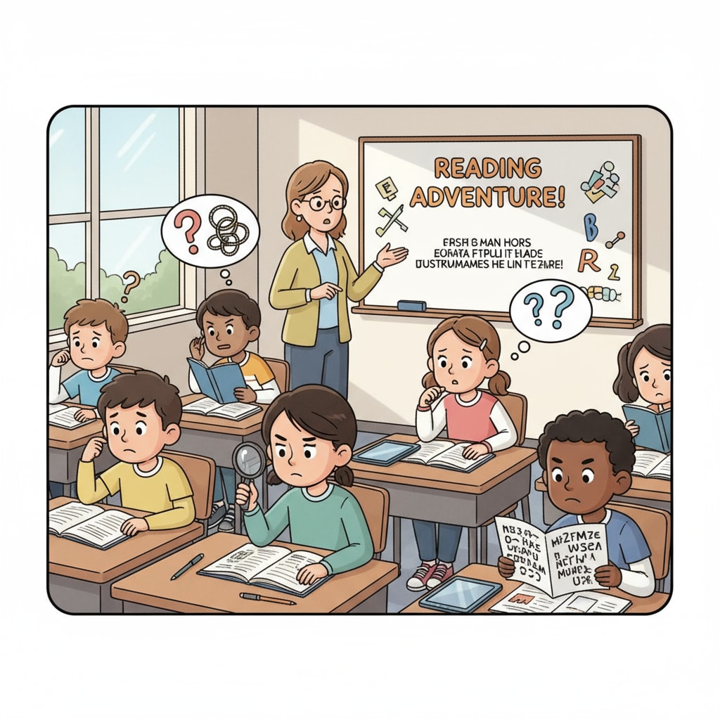 Students in a classroom struggling with reading materials, indicating functional illiteracy issues Students facing difficulties with reading materials related to functional illiteracy and education issues