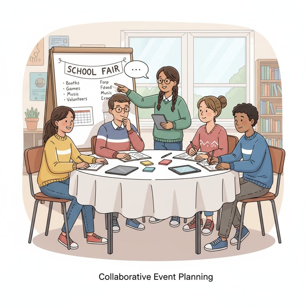 Students are actively involved in a school event planning process, discussing ideas and making arrangements together. K12 students engaged in event planning activities related to event planning, professional certification, and communication degree
