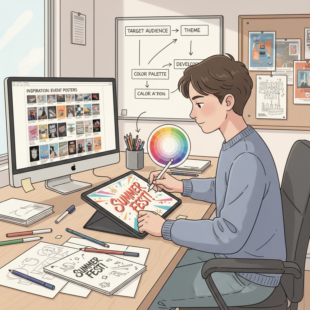 A young person is carefully designing an eye-catching event poster, demonstrating artistic skills relevant to event planning. A student showing artistic skills in event poster design related to event planning, professional certification, and communication degree