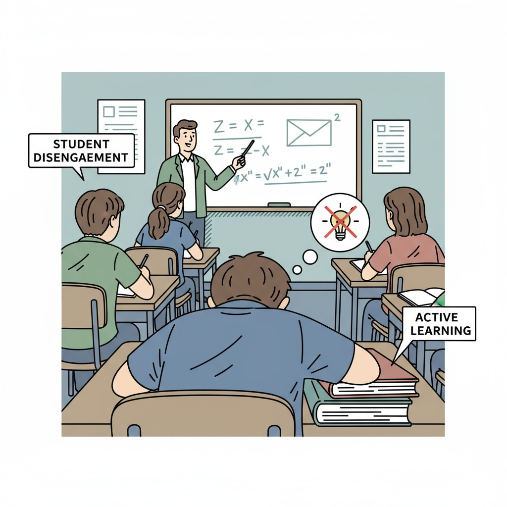A classroom scene where a student appears disinterested, with books closed and head down, depicting lack of engagement. A K12 student showing signs of disengagement which can lead to academic dismissal and failure.