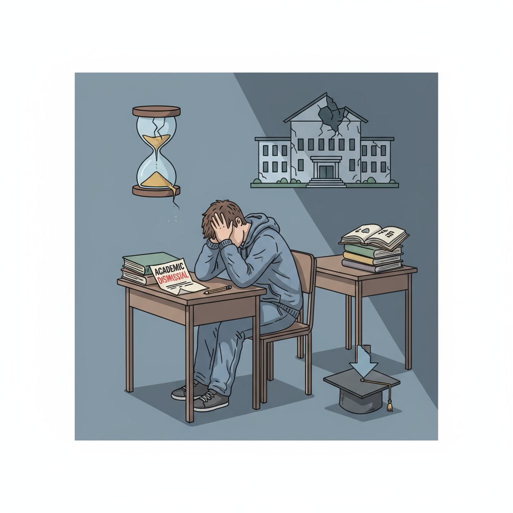 A solitary student at a desk, looking dejected, symbolizing the impact of academic dismissal on student failure. A K12 student affected by academic dismissal and showing signs of failure.