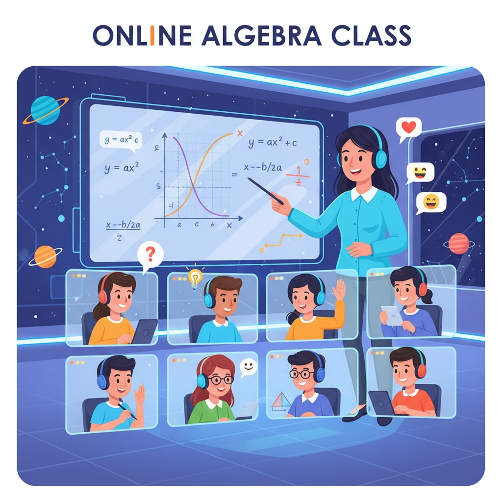 A virtual classroom scene where students and a teacher are interacting during an online math class. Online mathematics class for K12 teachers pursuing a degree