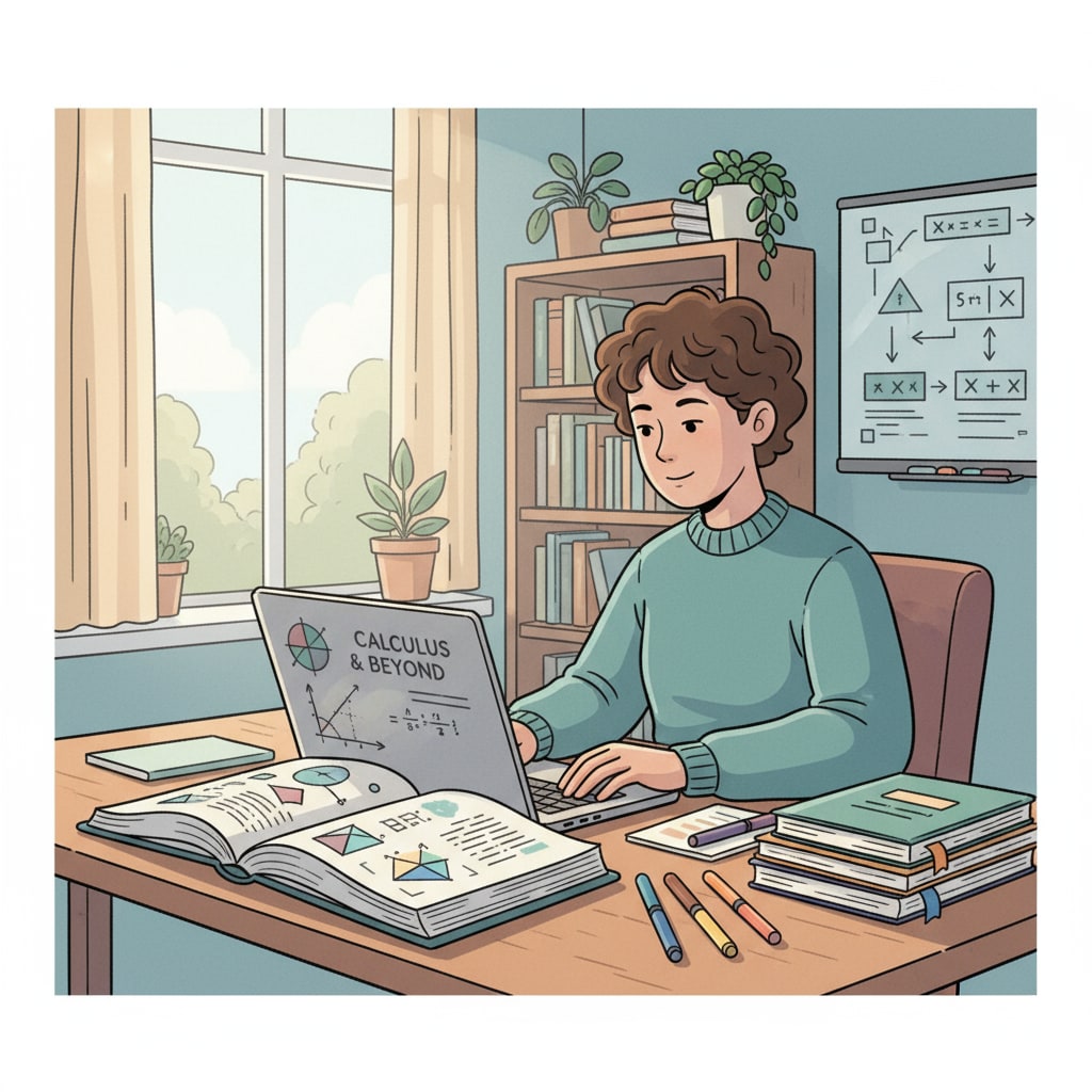 A person sitting at a desk, studying math on a laptop in a home office environment. Student studying for an online mathematics degree