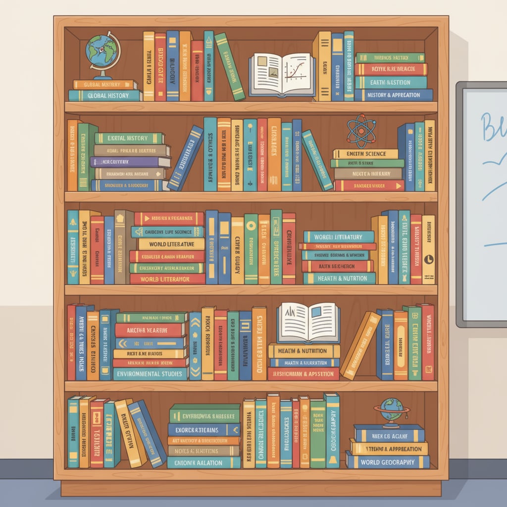 A bookshelf filled with various educational textbooks, showing a range of titles related to education. A collection of educational textbooks for K12 education beginners.