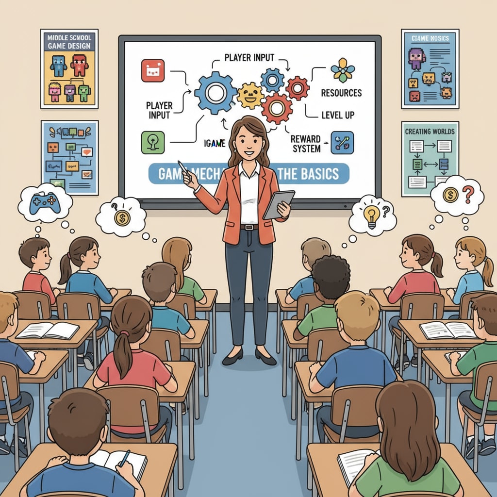 Teacher explaining game mechanics to middle school students for video game knowledge training in secondary education