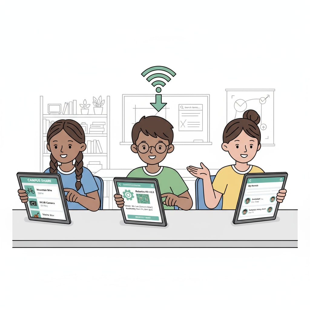 Students accessing an in-school item sharing platform on tablets