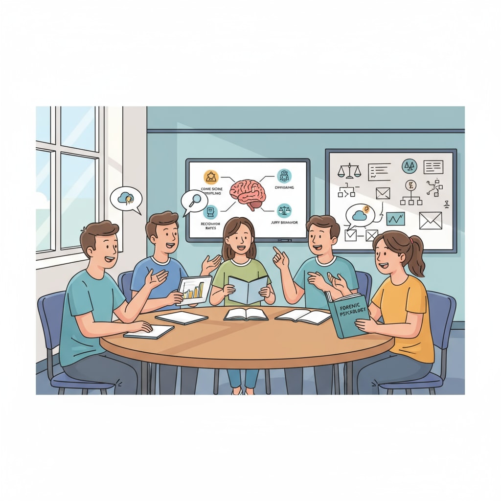 Students are engaged in a lively discussion in a classroom about topics related to forensic psychology, demonstrating their active learning. K12 students discussing forensic psychology topics to develop relevant skills