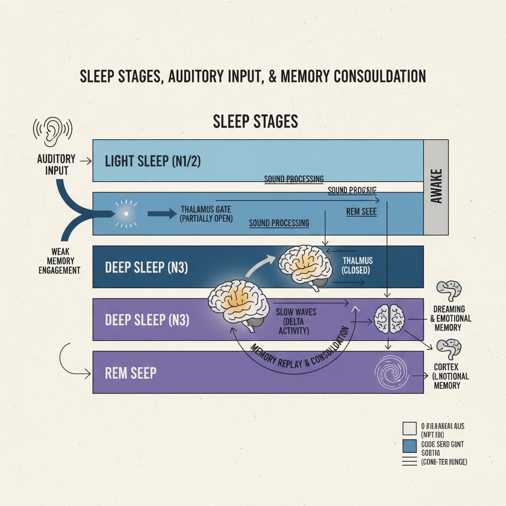 Diagram of sleep stages and auditory information processing related to sleep learning, auditory learning, and memory effects