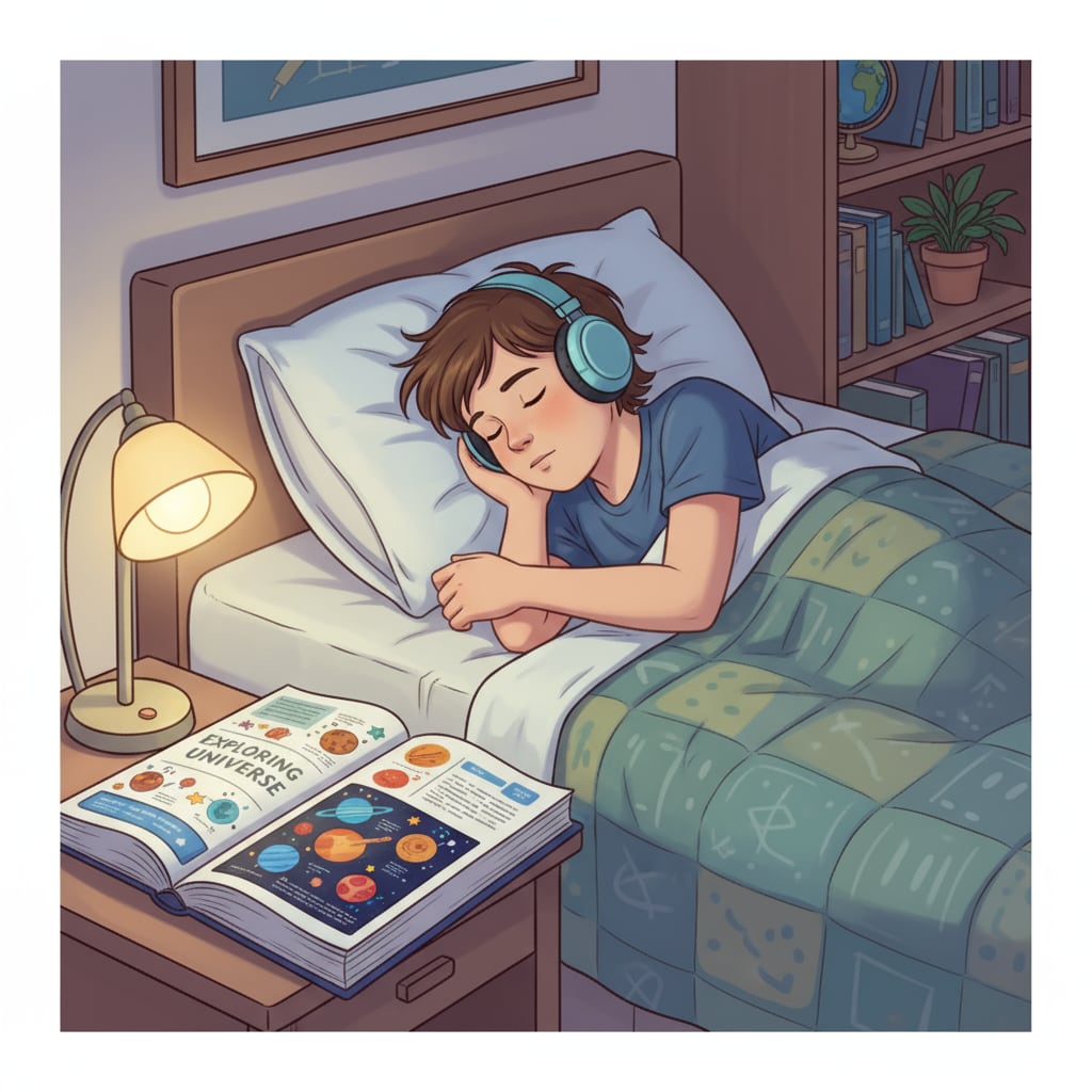 A K12 student sleeping with headphones for potential sleep learning to enhance auditory learning and memory effects