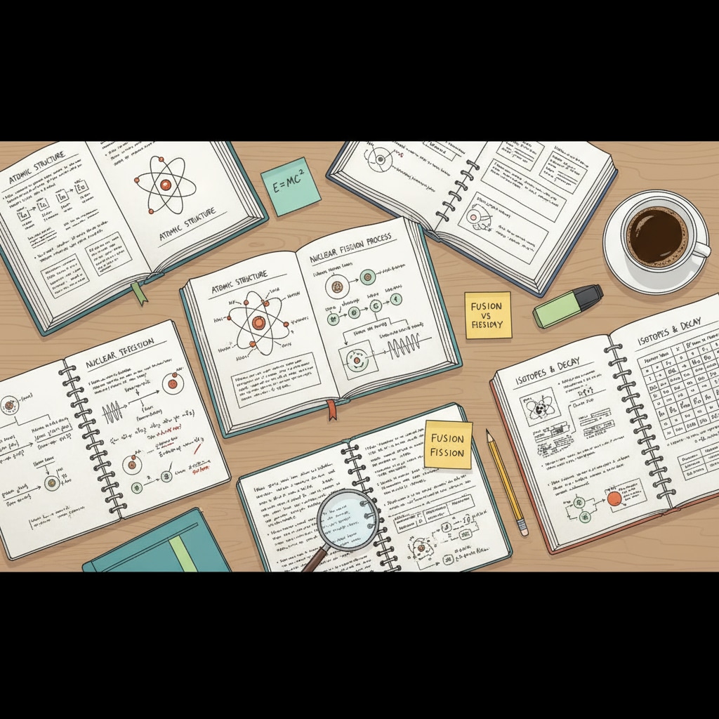 An illustration showing a student intently studying atomic energy concepts with books and notes spread out. A student studying for the Atomic Energy Commission Junior Executive exam