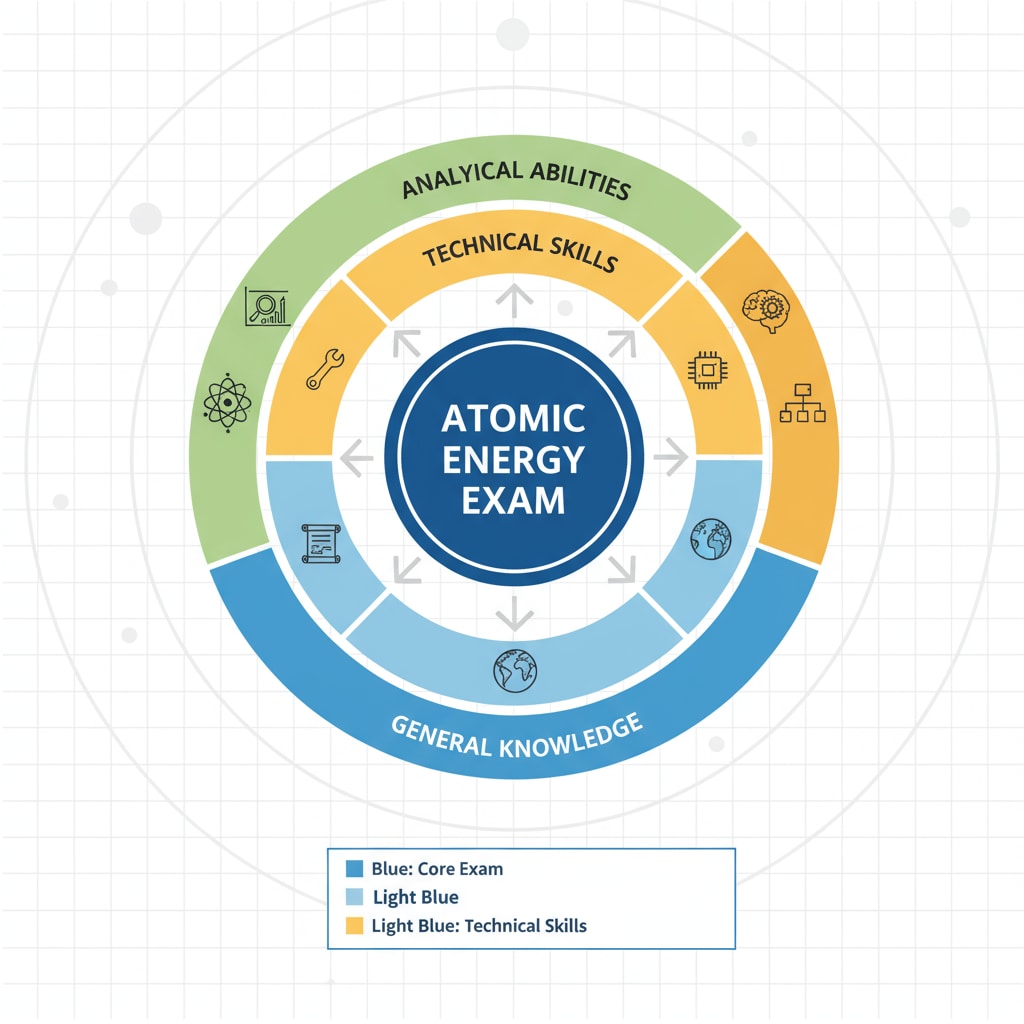 A diagram visually representing the different sections of the atomic energy exam, including general knowledge, technical skills, and analytical abilities. Diagram of the Atomic Energy Commission Junior Executive exam sections