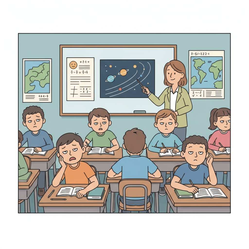 A group of K12 students sitting in a classroom, with some showing signs of tiredness and disinterest. K12 students experiencing academic burnout and loss of interest