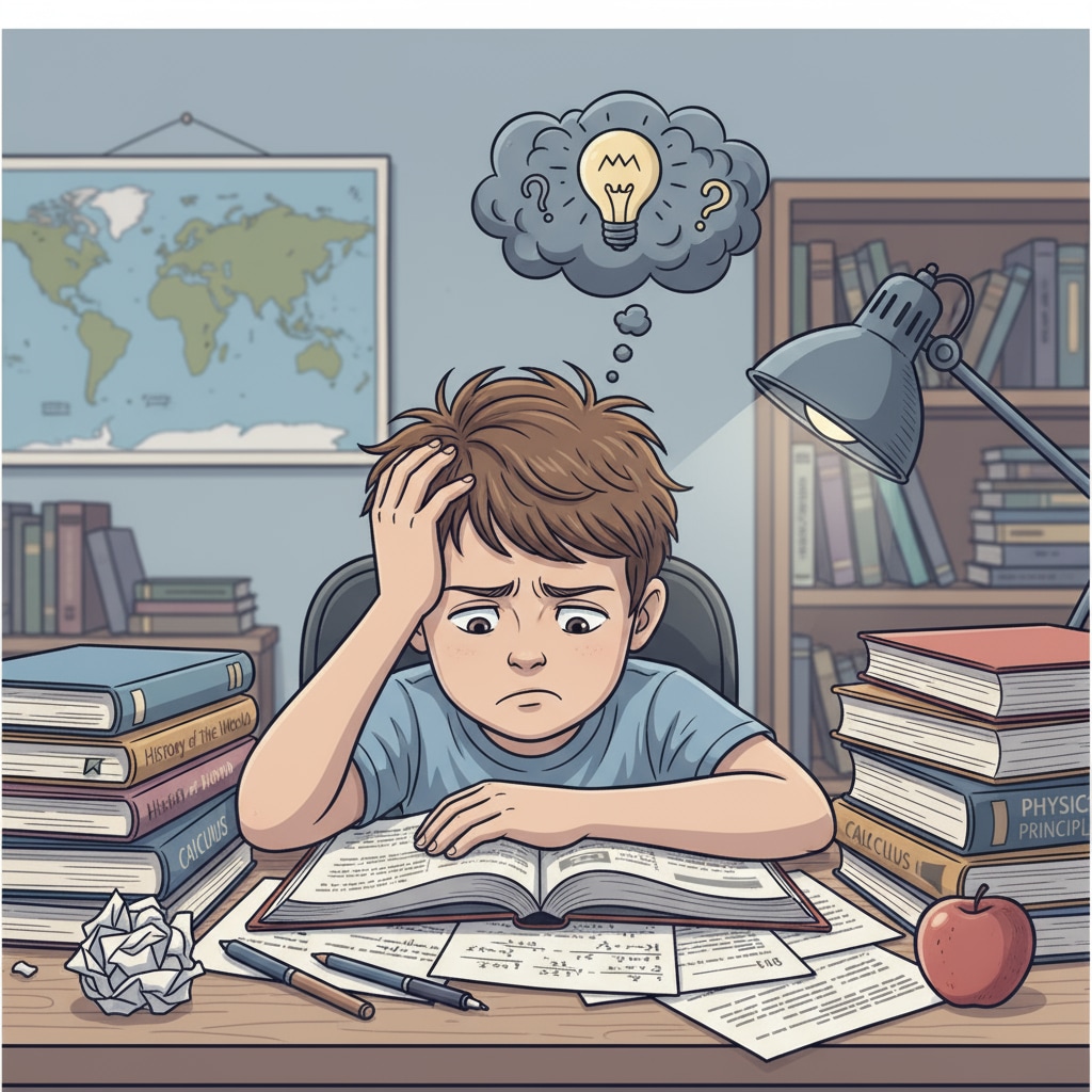A student sitting at a desk, with a worried expression, surrounded by books and papers, showing signs of stress and lack of motivation. Student facing stress and loss of interest due to academic pressure