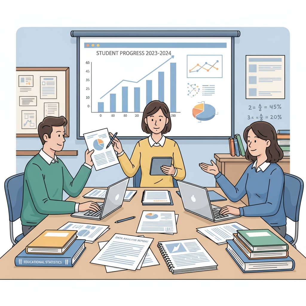 Educators are engaged in a discussion about data analysis within a classroom environment, with laptops and papers showing data graphs and charts. Educators discussing educational data analysis, master's programs, and teaching evaluation in a classroom