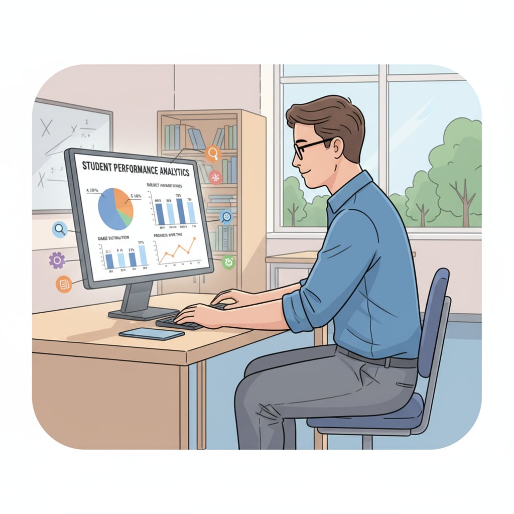 A student is sitting at a desk, concentrating on a computer screen that displays educational data analysis software and graphs related to student performance. Student working on an educational data analysis project related to master's programs and teaching evaluation