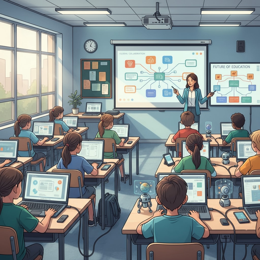 A classroom scene where students are using digital devices such as laptops and tablets, indicating the integration of technology in the educational environment. Classroom with students using digital devices in the context of educational reform, value conflicts, and technological changes
