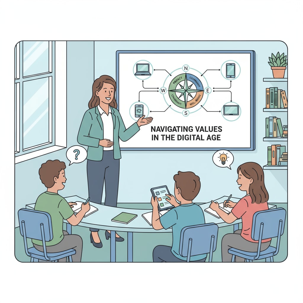 A teacher is engaged in a discussion with students, where the topic seems to be about navigating values in the digital age. Teacher interacting with students to discuss values in the digital world amidst educational reform, value conflicts, and technological changes