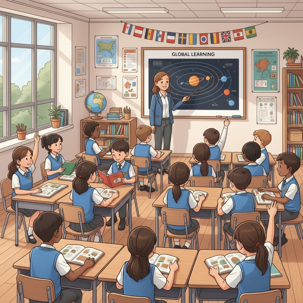 A group of students from different ethnic backgrounds in a British school classroom in Asia, showing the diverse student body. Diverse students in a British school classroom in Asia facing educational management and racial discrimination issues