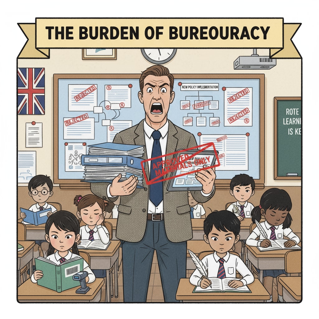 A teacher looking frustrated while standing in front of a classroom in a British school in Asia, indicating the stress caused by restrictive policies. Frustrated teacher in a British school in Asia due to educational management and racial discrimination related issues