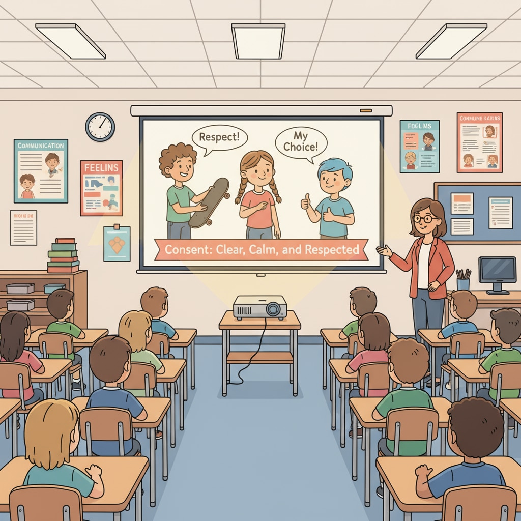 Students are sitting in a classroom, watching a film projected on a screen. The film is about a group of characters navigating their relationships with respect for each other's decisions, which is related to the concept of consent. Students watching an educational film about consent in a classroom for consent education, bullying prevention, and teaching resources