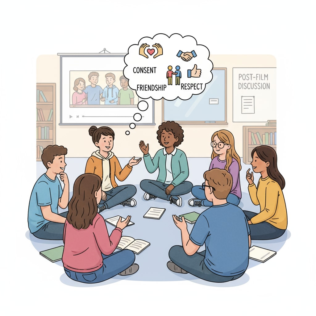 A group of students is gathered in a circle, having a lively discussion. They are sharing their thoughts and feelings after watching a film that explored themes of consent, friendship, and respect. A group of students discussing a film related to consent after watching it for consent education, bullying prevention, and teaching resources