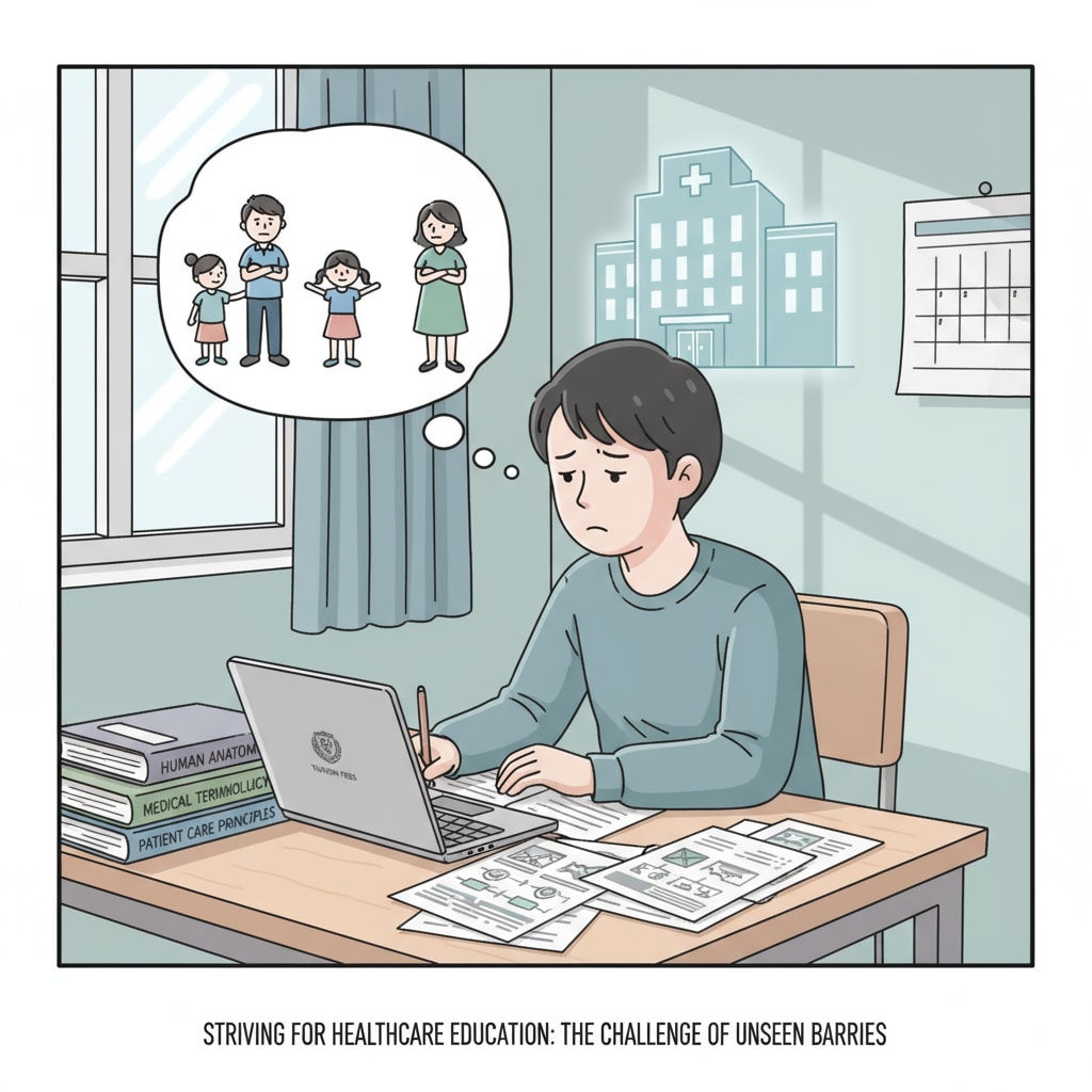 A young person is sitting at a study desk. There are several healthcare-related books and papers spread out. The person has a worried look on their face as they think about their lack of family support for their higher education in the healthcare field. Young person with worried expression due to lack of family support for healthcare higher education