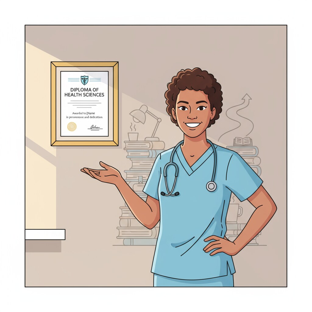 A person is smiling widely and looking at a framed healthcare diploma on the wall. They exude confidence, showing that they have overcome challenges to achieve their goal in the healthcare career through higher education. Confident person celebrating achievement of healthcare higher education goal