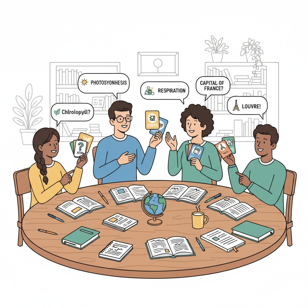 A group of students are sitting around a table, using flashcards to learn basic knowledge. They are engaged in discussions and quizzes with the flashcards. Students using flashcards to learn basic knowledge and common sense