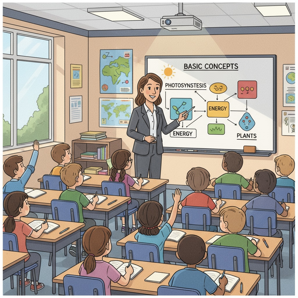 A teacher is standing in front of a classroom, using a whiteboard to explain basic knowledge concepts. The students are attentively listening. Teacher explaining basic knowledge and common sense in the classroom