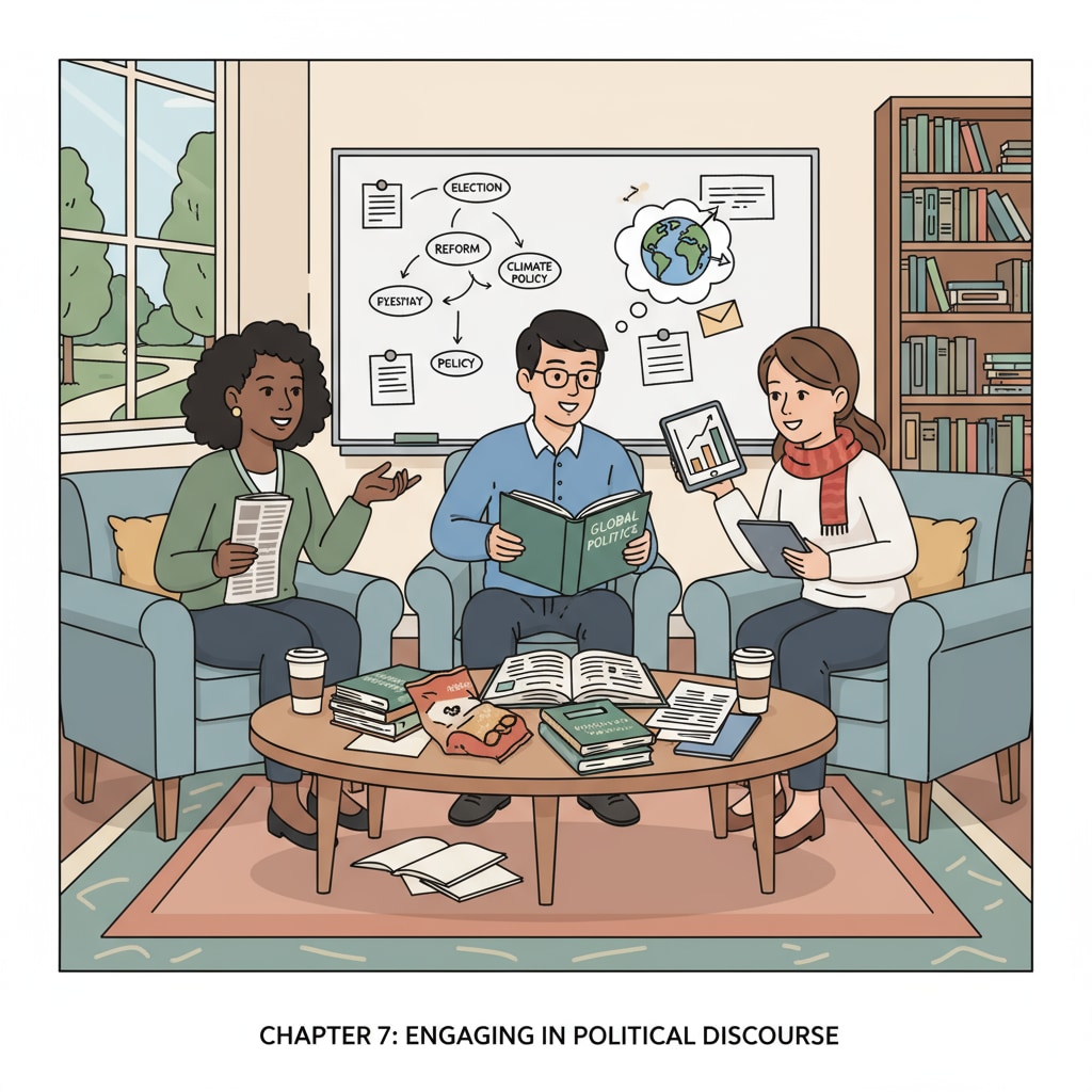 A group of college students are having a lively discussion about political issues in a comfortable campus lounge, with books and papers related to politics on the table. College students discussing political issues in a campus lounge to enhance political engagement