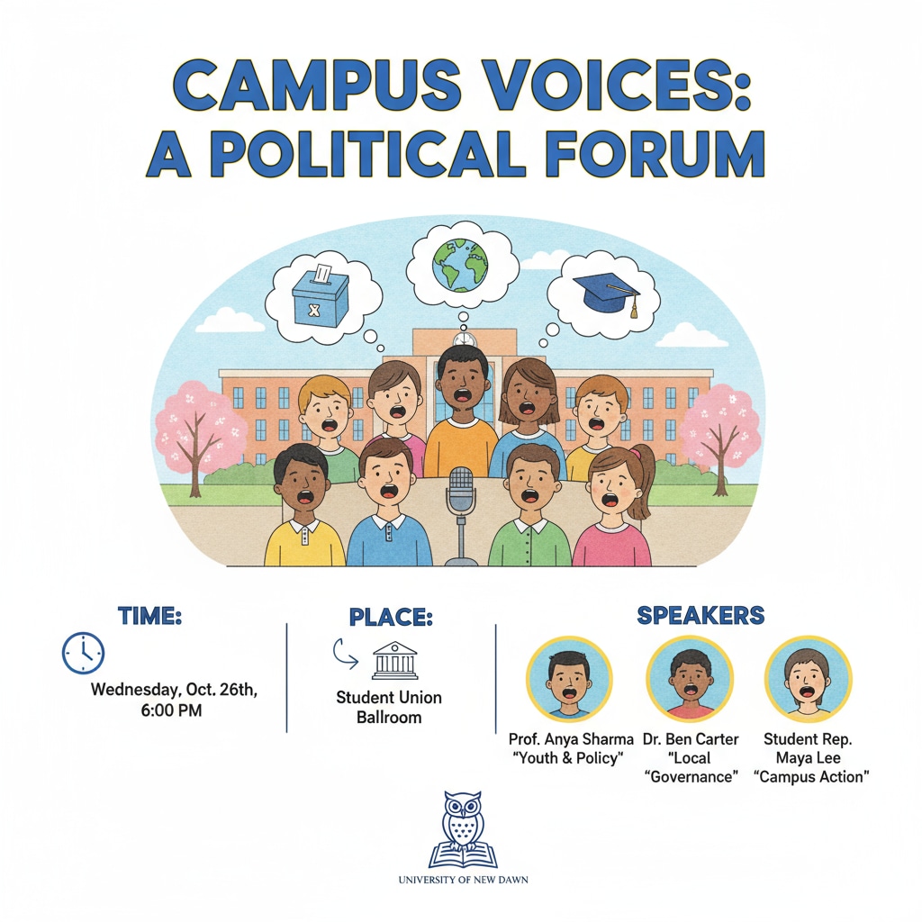 A colorful poster promoting a campus political event, with details about the event such as the time, place, and speakers. A poster promoting a campus political event to boost students' political participation